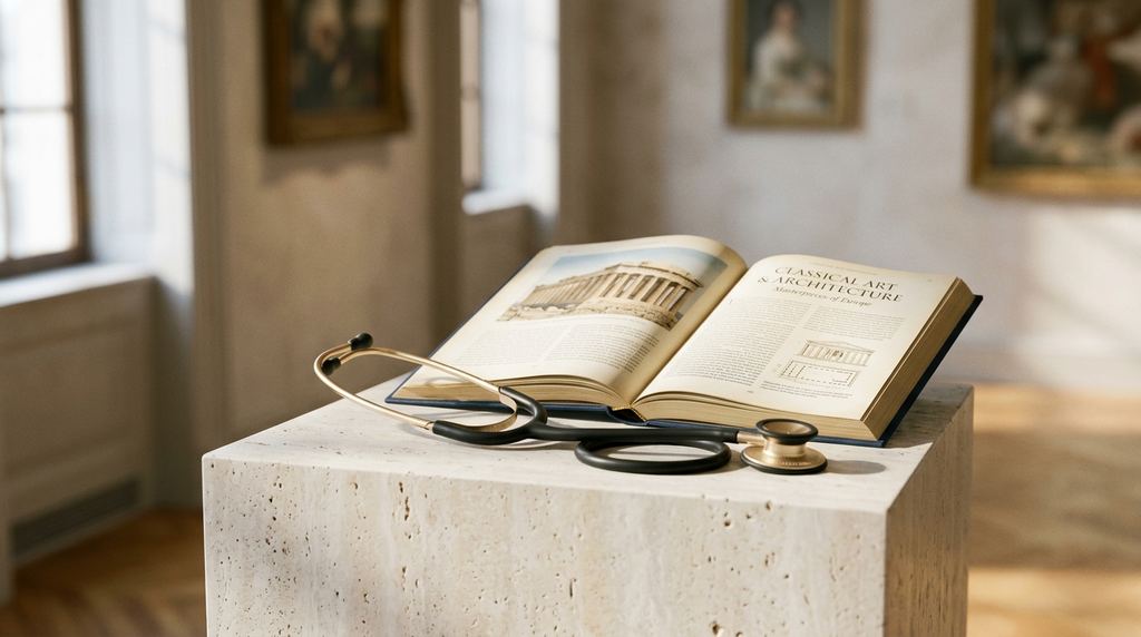 Estetoscópio dourado repousado sobre um livro de arte clássica aberto em pedestal de travertino