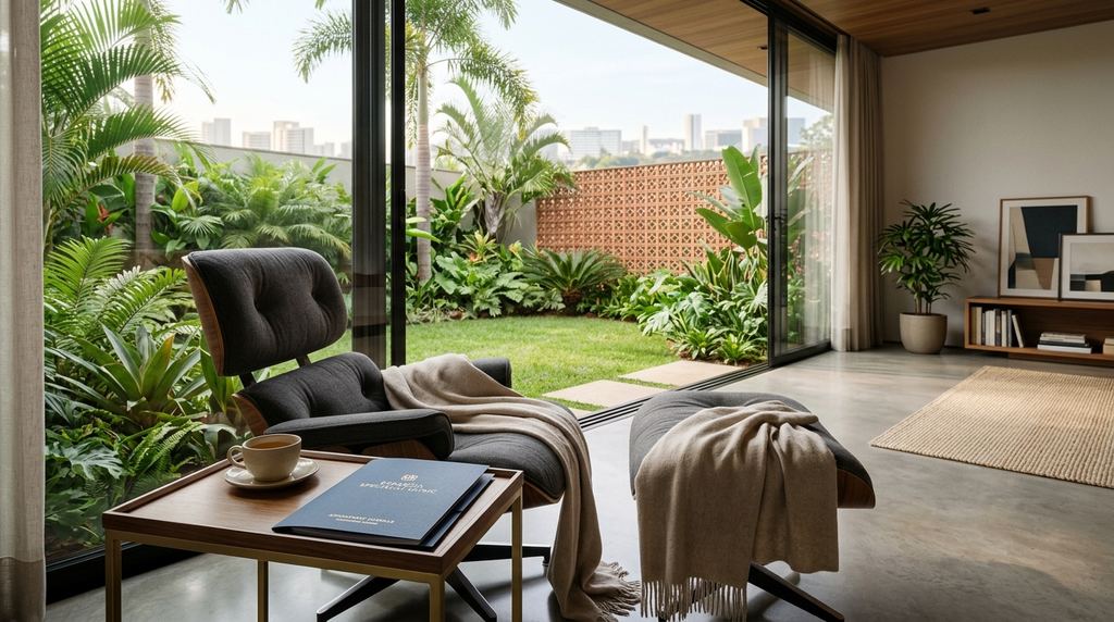 Poltrona e manta de lã diante de jardim tropical, em varanda de residência oficial em Brasília