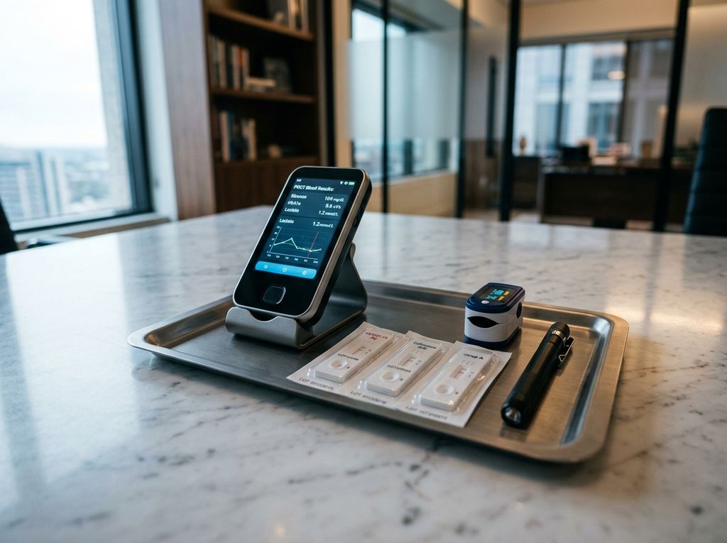 Bandeja com analisador point-of-care, oxímetro e cartuchos de teste rápido sobre bancada de mármore