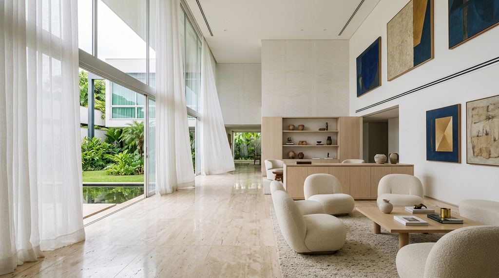 Sala de estar de residência de alto padrão em Brasília, banhada por luz natural filtrada por cortinas de linho